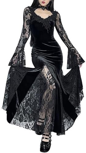 XKBHYD Women Gothic Fairy Maxi Dress Vintage Long Sleeve Velvet Dresses Alt Slim Fit Long Dress Harajuku Witchy Dress