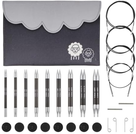 KnitPro Karbonz utbytbara nålsats - par med 9 x 13 runda sticknålar med tillbehör Karbonz Deluxe Set för nybörjare, proffs och presentask