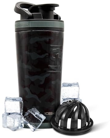 Ice Shaker Insulated Stainless Steel Shaker Bottle | 26oz, Black camo | Cold for 30+ Hours | Insulated Cup with Twist-on Agitator | Odor-Free Shaker Cup for Protein Shakes, Water, Smoothies, Cocktails