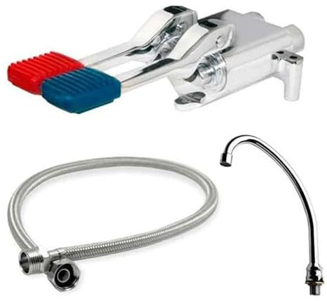KIT Completo Grifo De Pedal 2 Aguas - Grifo Cocina Industrial Con Pedal Auto Mezclador Agua Fría Y Caliente, Con Flexo Latiguillo, Caño Alto Con Difusor De Agua Y Base De Fijación, Uso En Hostelería Y
