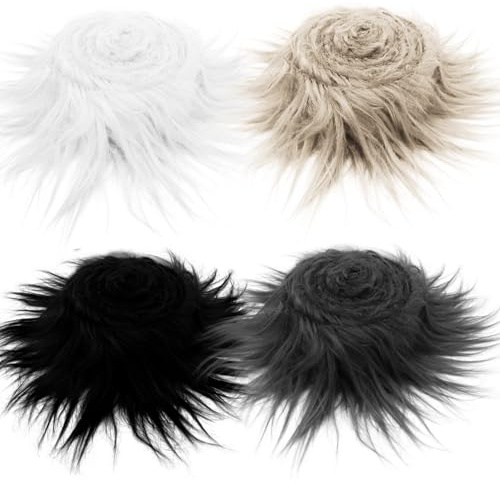 WYYFXY® 4 Stück Kunstfell zum Basteln Langhaarplüsch 5 * 150cm Fellband Kunstpelz Stoff Pelz Shaggy Fell zum Basteln Fellimitat für DIY, Nähen(Weiß, Schwarz, Braun, Dunkelgrau)