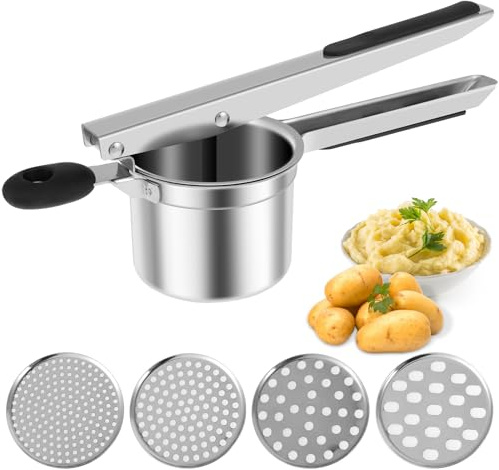 YMKWZ 1PC Potato Ricer Stainless Steel Potato Masher with 4 Removable Discs Manual Food Masher with Non Slip Long Handle 15oz Kitchen Fruit and Vegetables Press Food Ricer for Home Kitchen
