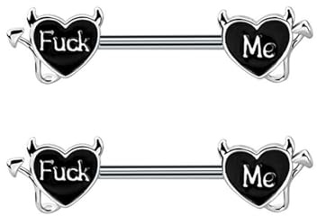 Ycfish 1 Pairs 14G Nipple Bars Heart Devil Letter Nipple Rings, Nipple Rings Stainless Steel Nipple Piercings, Adjustable Black Devil Barbell Heart-Shaped Nipple Piercing for Women and Girls
