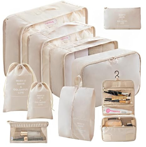 Logei Koffer Organizer Set, 10 Teilige Packing Cubes, Kofferorganizer Packtaschen Set Travel Organizer Packwürfel Ordnungssystem mit Kleidertaschen Schuhbeutel für Koffer (Beige)