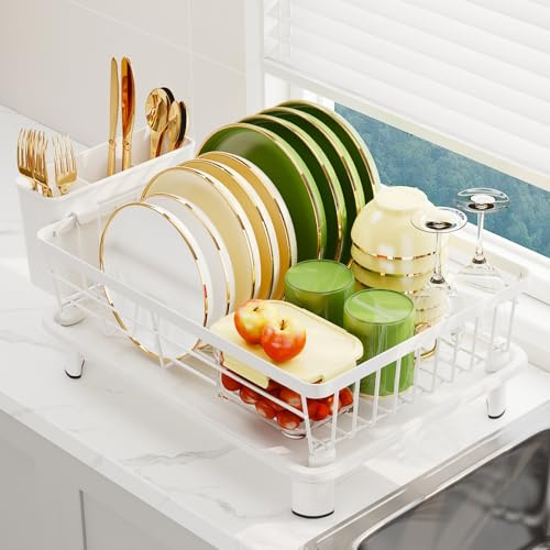 GHERISN Dish Drainer Rack with Drip Tray, Sink Dish Drainer with Drainage Spout, Stainless Steel Dish Drying Rack with Cups, Utensil & Cutting Board Holders for Kitchen Counter Space-Saving, White