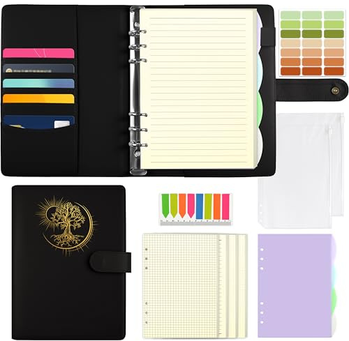 Qefuna A5 Carpeta de anillas, cubierta de PU con motivo del Árbol de la Vida solar grabado en papel de aluminio, libreta con 180 hojas de recambio, bolsillos y separadores,Negro