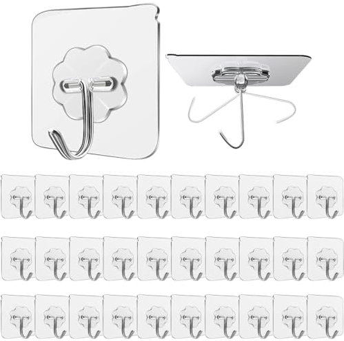 30 Pezzi Ganci Adesivi Muro,Trasparenti Gancio Autoadesivo Bagno da Parete, Ganci Forti Senza Cuciture per Cucina Soggiorno, Gancio Adesivo Forte Parete, 10 kg (max)