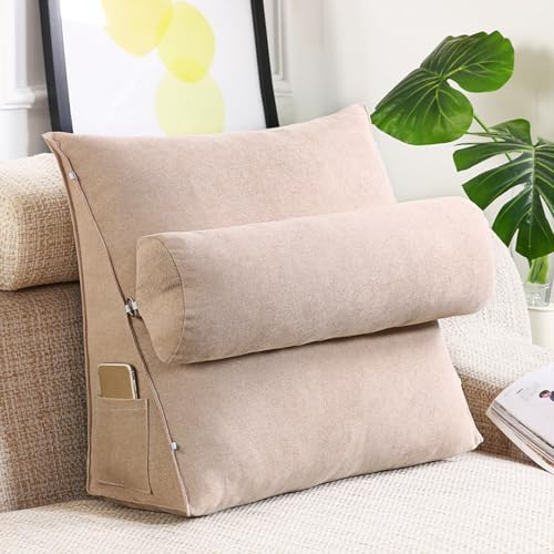 GYCS Respaldo Sofa Almohada Triangular con Cuña Triangular para Respaldo Almohada De Lectura De Cabecera Cojín De Apoyo Lumbar Cojín De Posicionamiento para Sofá Cama,Hemp Color,60 * 50 * 20cm