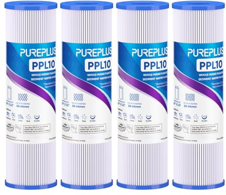 PUREPLUS Filtro de sedimentos plisado de 20 micras de 10 x 2.5 pulgadas para agua de pozo, cartucho de repuesto para sistema universal RO de 10 pulgadas, W50PE, WFPFC3002, SPC-25-1050, FM-50-975, 801