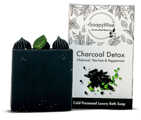 SoapyWise Organic Activated Charcoal Soap Bar, Natural Detoxifying & Exfoliating Soap for Body, Face & Hands, Hydrating & Antibacterial Cleanser with Tea Tree & Peppermint Oils – 90g, (Pack of 1)
