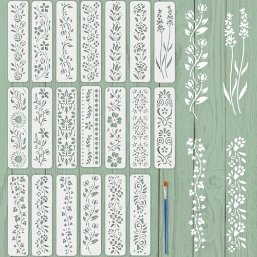 FINGERINSPIRE 20 st randiga stenciler 30 x 7,5 cm blomblad stenciler blomblad kant mall återanvändbar växttema målning schablon för hantverk ritning karta göra väggdekoration