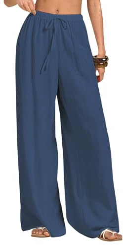 Neteson Pantalones De Lino Mujer Verano Elástica Pantalones Palazzo Anchos | Elegantes Sueltos Pantalón Trabajo Largos Causal con Bolsillos
