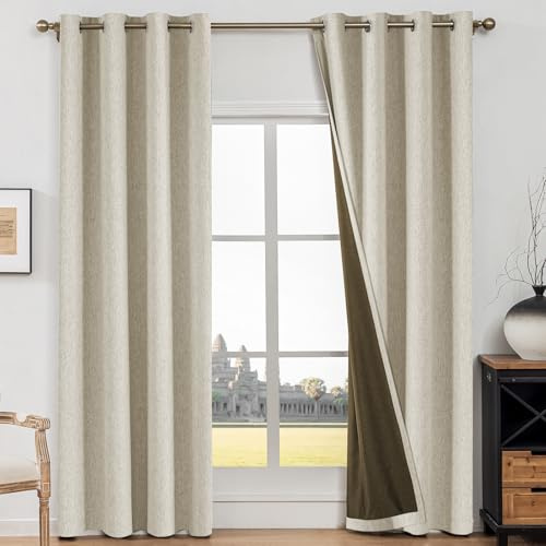 CYCMACO Mörkläggningsgardiner 2 Stycken, 140x260cm, Gardiner För Vardagsrum I Imiterat Linne, Värmeisolerande Gardiner För Inomhusbruk, Ljudabsorberande Med Ringar, För Sovrum, Mörkbeige