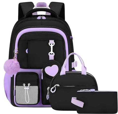 Amythe Sac à Dos Fille Primaire 3 Pièce, Ensemble Cartable Adolescent Scolaire avec Sacs à Déjeuner et Trousse Crayon, Sac Ecole pour Fille 8 à 16 Ans, Violet Noirâtre