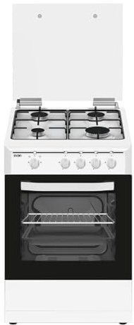 Svan Cuisinière Gaz Butane, 4 Zones de Cuisson, Four 43L, Blanc, SKG4501. Contrôle Manuel, 2 Programmes de Cuisson, Porte en Verre Double, Couvercle Abattant