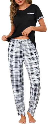 Jahetuul Pijama Largo Mujer de Algodón 2 Piezas Cuello V Manga Corta | Este pijama de algodón incluye camiseta de manga larga con cuello V y pantalón largo a cuadros para dormir en casa