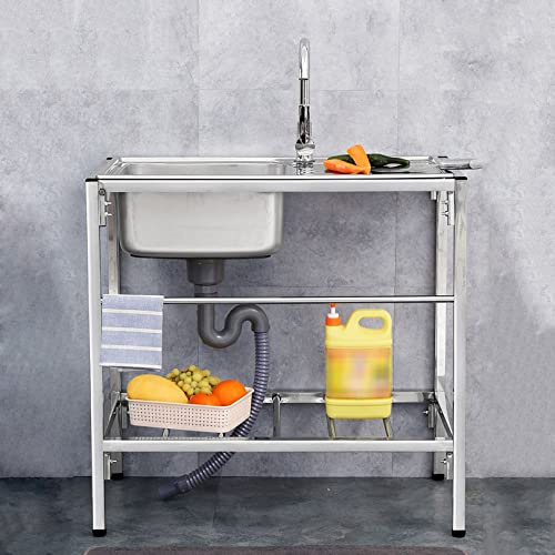Fregadero individual independiente de acero inoxidable 304, lavabos de cocina con placa de goteo 1 compartimento con grifo, para garaje, restaurante, cocina, lavadero, interior y exterior (Single Cold