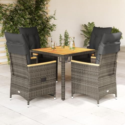 Mokuyary Grupo de comedor de jardín de 5 piezas, con cojín, color gris, poliratán de polietileno, mesa de comedor, comedor, impermeable, balcón, terraza, terraza, 90 x 90 x 75 cm
