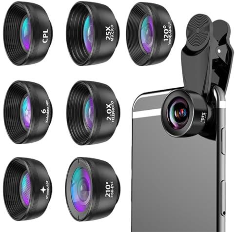 WARMWOO 7-i-1 mobiltelefonobjektivsats med 210° fisköga, 120° vidvinkel, 25 x makro, 2 x telefoto, Cpl, kalejdoskop och stjärnfilter – universellt objektivset för de flesta smartphones – grå