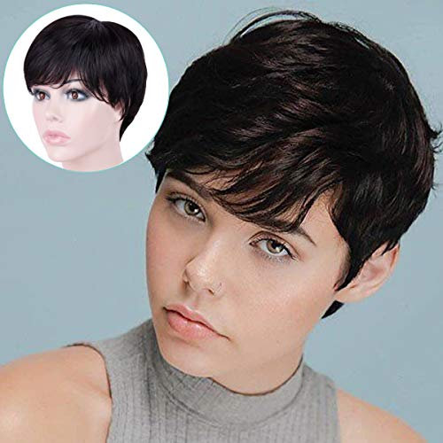 Becus Parrucca Donna Capelli Umani Pixie Cut Parrucca Capelli Corti Dritto Stratificato con Parte Laterale Frange Libero per le Donne (Nero Naturale # 1B)