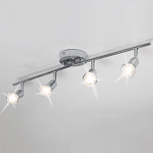 Qcyuui Modern 4-Light Track Lighting Kit, Flush Mount Wall/Ceiling Spot Lights Fixture, LED Track Lighting with Chrome Rotatable Light Head for Kitchen Living Room, 4×GU10 Bulb (Included)