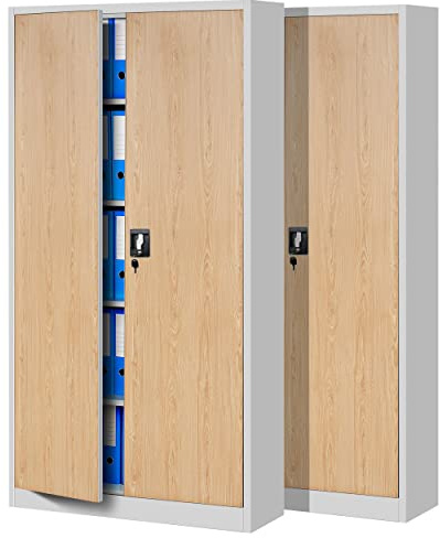 Jan Nowak Set di 2 Armadio da Ufficio C001 Archivio per Officina in Metallo Verniciato a polvere Chiudibile 185 cm x 90 cm x 40 cm (Bianco-Aspetto Legno)