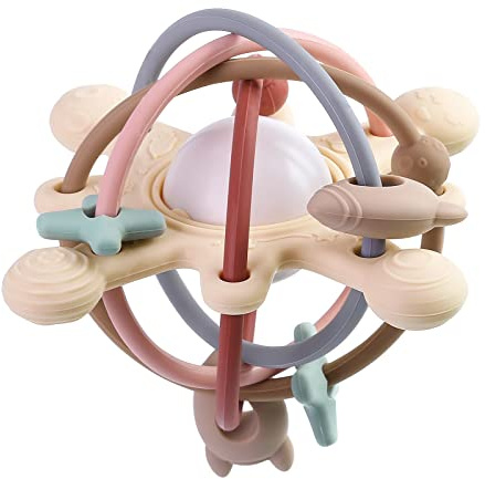 Eoopoon Baby Teether Toy for Babies 3 Months+, Silicone Baby Teething Toys, Rattle Sensory Teether Toy for Sore Gums, Baby Chew Toys for Sucking Needs, BPA Free, Navajo White