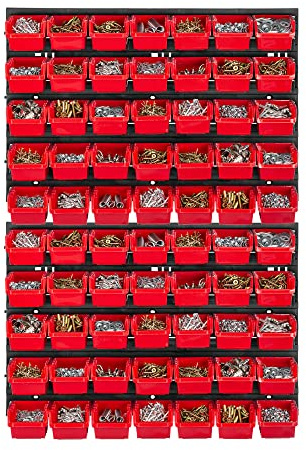 KADAX Werkstattwandregal, 58x78cm Lagersystem aus robustem Kunststoff, UV-Resistentes Werkstattregal, Erweiterbare Wandplatten, Schüttenregal für Garage (Rot, 70 TLG.)