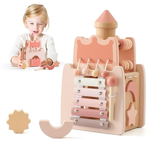 Promise Babe Montessori Spielzeug Baby Holzspielzeug,5 in 1 Rosa Schloss Lernspielzeug Motorikwürfel Sensorik Motorikspielzeug Activity Würfel Motorikschleife Geschenk Baby Mädchen Aktivitätswürfel 3+