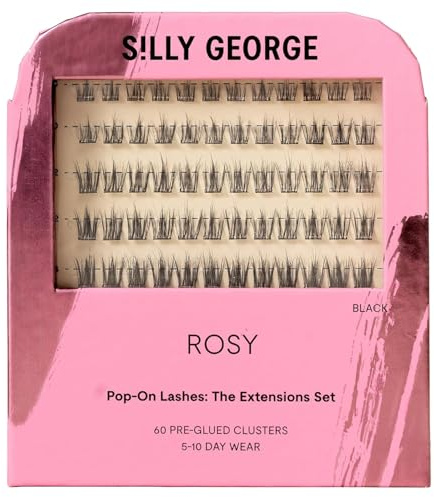 Silly George Pop-On Lashes - DIY 1-Step Pre-Glued Faux Eyelash Clusters, Natural Look Extensions, Black - Rosy, 5-7 Pair Set, Pack of 60 Clusters