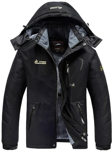 WILLONG Mens Waterproof FLeece Jackets Winter Coats Warm Mountain Jackets with Hood for Outdoor Hiking Walking Skiing Working Camping Fishing Black UK M