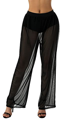 Fiacafyo Women Mesh Ruffle Cover up Pants High Waist See Through Wide Leg Loose Beach Trousers Sheer Bikini Bottoms Swimwear (A-Black, 2XL)