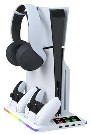 Vertikaler Standfuß für PS5/PS5 Slim - Ständer für PlayStation 5 mit 3 Stufig Kühler Lüfter / PS5 Controller Ladestation / Kopfhörerhaken / RGB Licht, Ständer für PS5/PS5 Slim Disc & Digital Edition