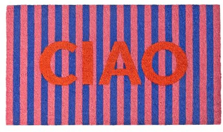 Fisura – Fußmatte Ciao“ aus Kokosfaser mit Rutschfester PVC-Unterseite. Handbemalte Türmatte mit rosa, blauen und roten Streifen. Maße: 70 cm x 40 cm.