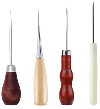 EUYKQNOI Punzón de Costura Coser Cuero Punzón con Mango de Madera Lezna Coser Cuero 4 Piezas Punzón Kit para Bolsa de Cuero Agujero Costura DIY Reparación, para Coser Cuero, Cuero Hecho a Mano
