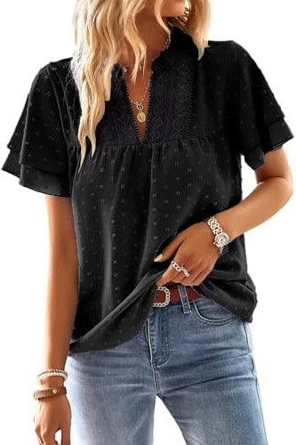 TUUHAW Camicia Donna Estiva Scollo a V Casual T-Shirt con Volant Manica Corta Boho Top Allentate Maglietta Elegante Blusa Pizzo Camicetta Vintage Tinta Unita Classico Abbigliamento Nero L