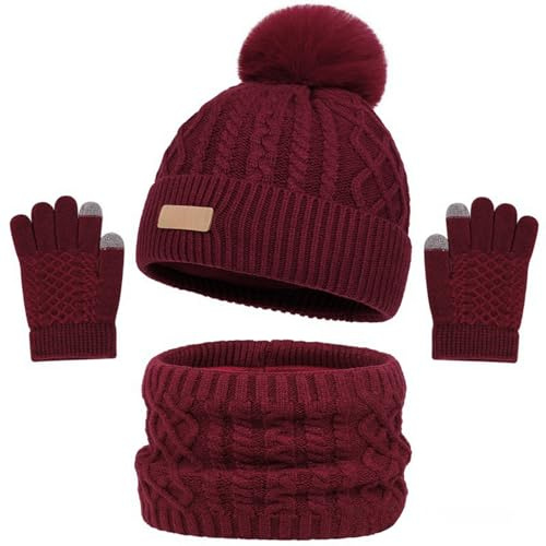 Wokuaile Chapeau Écharpe et Gants pour Filles Ensemble D'Hiver Tricoté Tour de Cou Gants D'Écran Tactil pour Enfant Garçon 2-9 Ans Rouge Vin