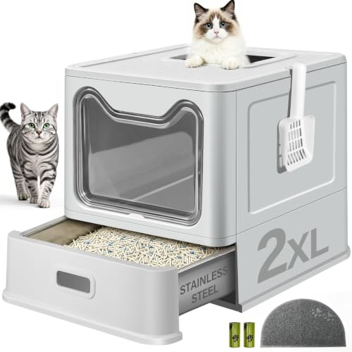 XXL Stainless Steel Cat Litter Box, Front Entry Top Exit, for Big Cats
