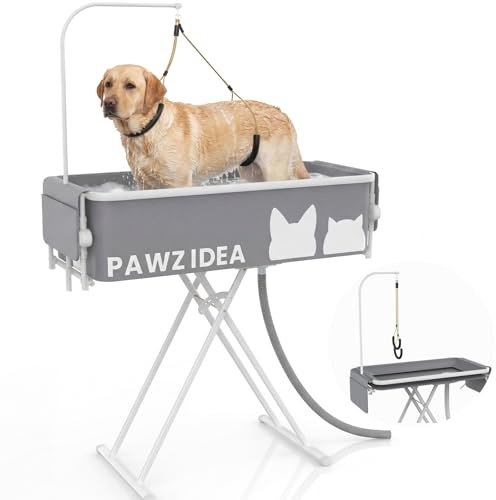 PAWZIDEA 2-in-1 Portable Dog Bathtub & Grooming Table for Medium to Large Dogs, 109cm Foldable Dog Washing Station, 5-Height Adjustable Elevated Pet Shower Bath, 4.5cm Fast Drain, Indoor Outdoor