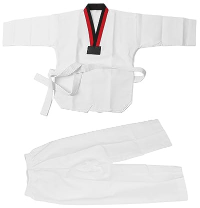 AUNMAS Uniforme de Taekwondo pour Enfants, Ensemble Dobok en Coton avec Ceinture, Col Noir et Rouge, Tissu Respirant, Ajustement Flexible, Coutures Renforcées pour l'entraînement, la Compétition, la