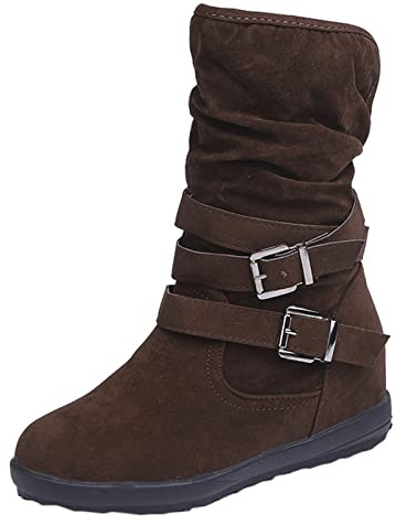 Stövletter dam platt mocka västerländska stövlar med spänne halvstövlar | Cowboystövlar dam medium hög slip-on stövlar vidare riddare stövlar med veck vandringskängor halkfria övergångsstövlar