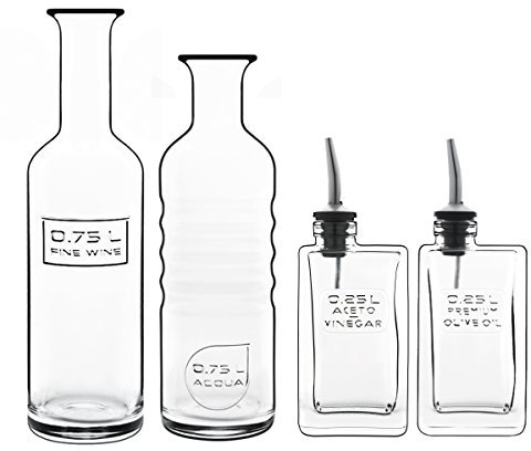 Luigi Bormioli - Optima Eco-conscious Serving Set - Water, Wine, Oil and Vinegar, Recyclable Glass Bottles, Set of 4, 2 x 750ml, 2 x 250ml