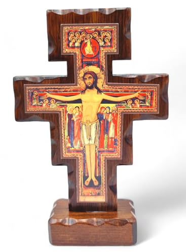 La Balestra Crucifijo San Damiano de madera – con base – Fabricado en Umbria Italy – (21 x 14)