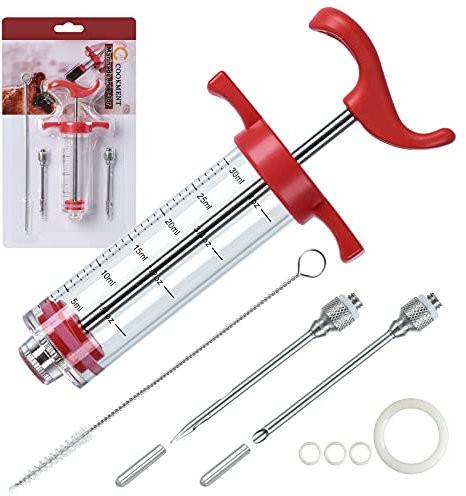 JY COOKMENT Meat Injector Syringe, 1-oz Marinade Flavor Injector with 2 Professional Needles,1 Cleaning Brushes