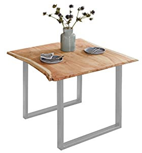 SAM Esszimmertisch 90x90 cm Billy, echte Baumkante, Esstisch aus Akazienholz massiv + naturfarben, Baumkantentisch mit U-Gestell Silber