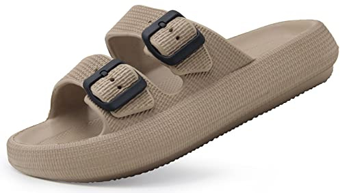 Weweya Men Women Pillow Sandal Slipper Adjustable Twin Buckle Slides Thick Sole Squishy Foam Sandal Khaki Men Size 7 7.5 8 Women Size 8 8.5 9