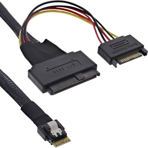 InLine Slim SAS Kabel intern SFF-8654 4i zu U.2 SFF-8639 mit SATA Strom, 24Gb/s, SAS 4.0 für Server/Storage/SSD-Systeme, 0,5m, 27644A