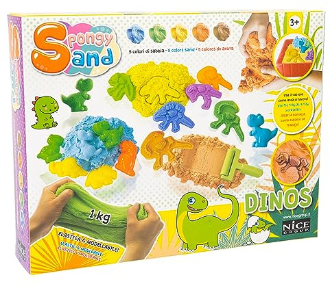 Nice Group - Spongy Sand Dinosauri, Kit di Sabbia Colorata con 4 Stampini di fossili e 5 Dino-stampi per Bambini
