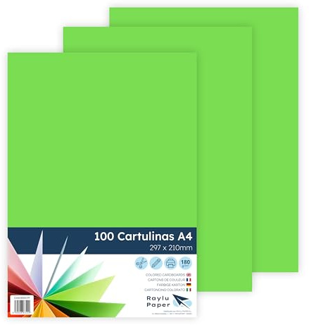 Raylu Paper – Papier Cartonné A4 Coloré, 100 Feuilles Cartonnées, Papier Epais de Couleur, pour l’Ecole, le Bureau, le Scrapbooking, les Activités Manuelles, 180g/m², 210 x 297 mm (Vert Pin)