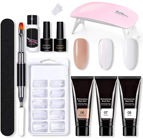 Gel Ricostruzione Unghie Kit, Kit Unghie Gel con Lampada UV + 3 Colori 15ml Kit Gel Estensione Unghie + Base e Top Coat + 100 Unghie Finte, Kit Manicure Nail Art